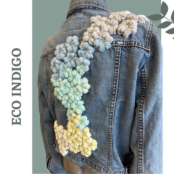 Eco Indigo Upcycled Jean Jacket Floral Crochet Flowers Cotton Blue Size Large - Picture 3 of 10